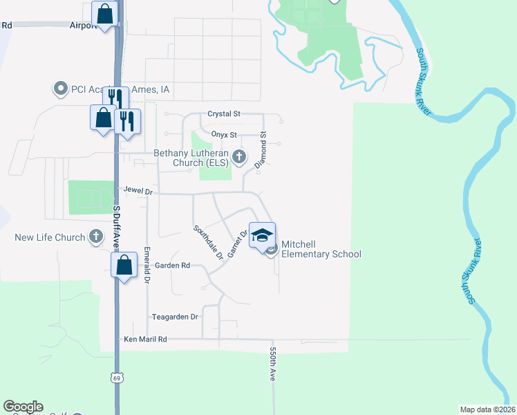 map of restaurants, bars, coffee shops, grocery stores, and more near 3317 Jewel Drive in Ames
