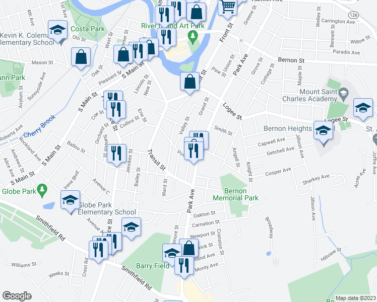 map of restaurants, bars, coffee shops, grocery stores, and more near 286 Grand Street in Woonsocket