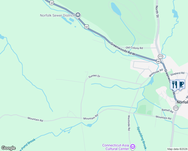 map of restaurants, bars, coffee shops, grocery stores, and more near 104 Sunset Ridge Road in Litchfield County