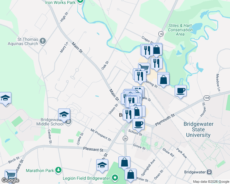 map of restaurants, bars, coffee shops, grocery stores, and more near 111 Main Street in Bridgewater