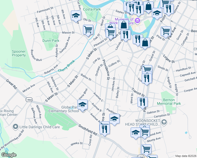map of restaurants, bars, coffee shops, grocery stores, and more near 168 Orchard Street in Woonsocket