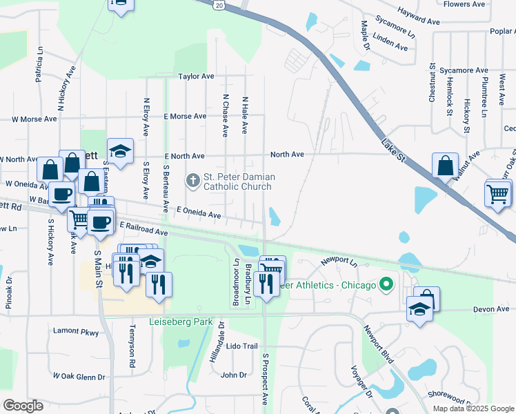 map of restaurants, bars, coffee shops, grocery stores, and more near 158 South Prospect Avenue in Bartlett