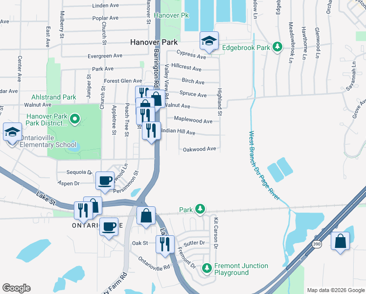 map of restaurants, bars, coffee shops, grocery stores, and more near 6620 Deerpath Lane in Hanover Park