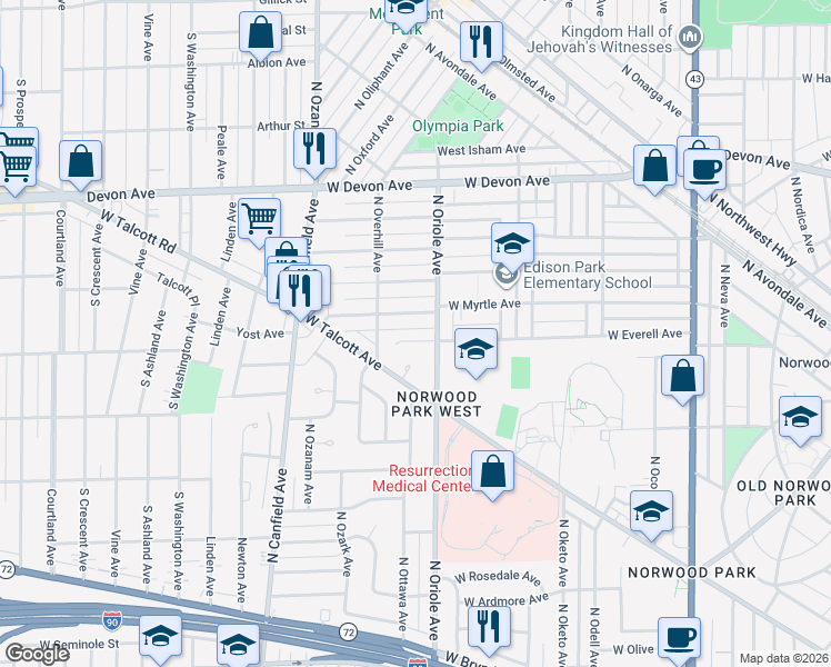 map of restaurants, bars, coffee shops, grocery stores, and more near 7618 W Everell Ave in Chicago