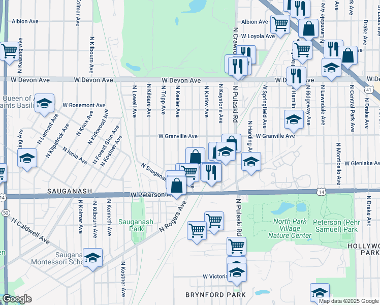 map of restaurants, bars, coffee shops, grocery stores, and more near 6122 North Kedvale Avenue in Chicago