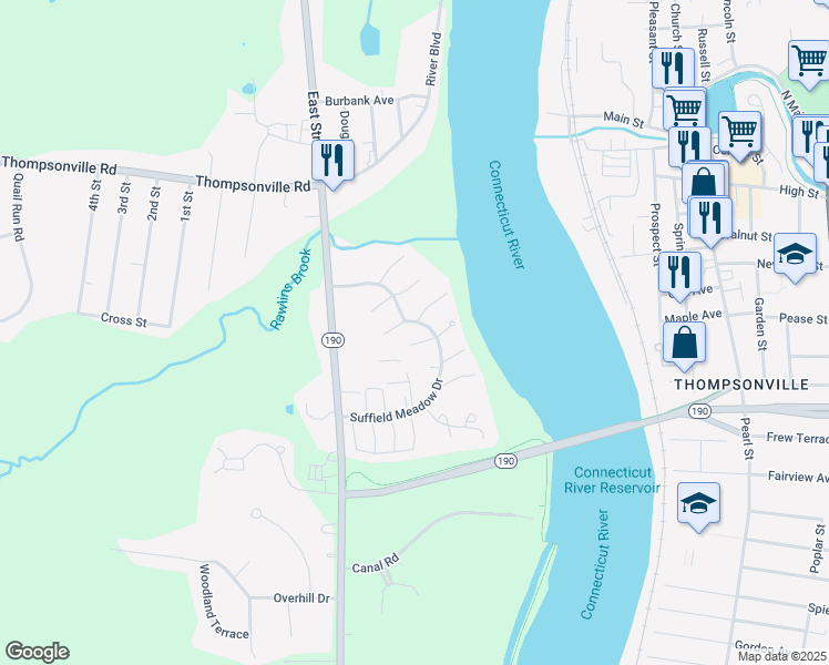map of restaurants, bars, coffee shops, grocery stores, and more near 145 West Grayling Lane in Suffield