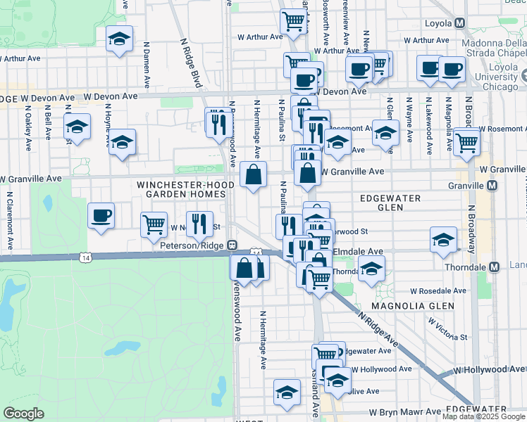map of restaurants, bars, coffee shops, grocery stores, and more near 6067 North Hermitage Avenue in Chicago