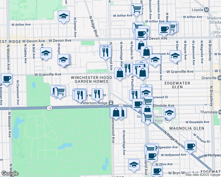 map of restaurants, bars, coffee shops, grocery stores, and more near 1778 West Peterson Avenue in Chicago