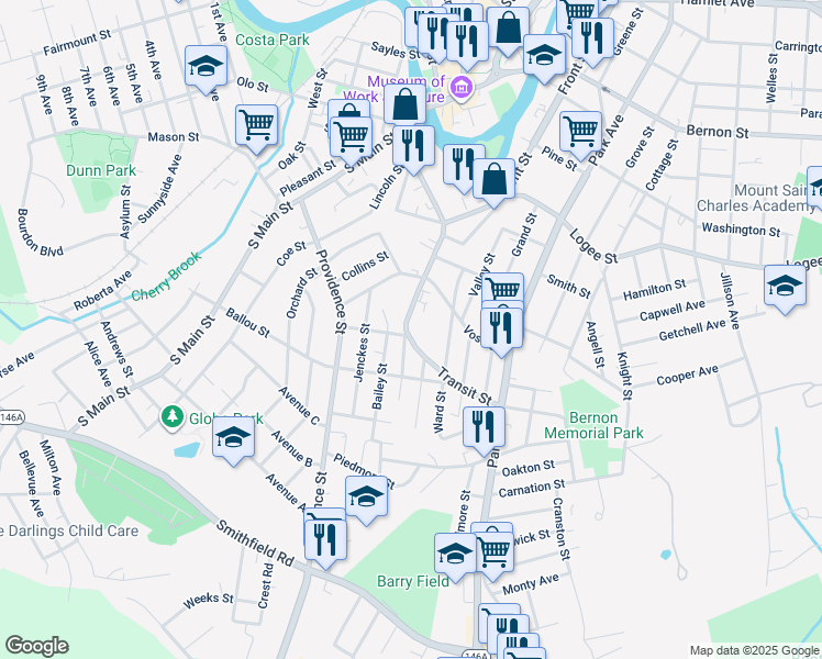 map of restaurants, bars, coffee shops, grocery stores, and more near 224 Transit Street in Woonsocket