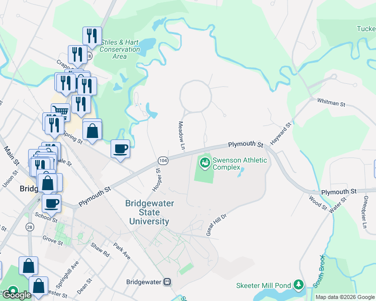 map of restaurants, bars, coffee shops, grocery stores, and more near 27 Meadow Lane in Bridgewater