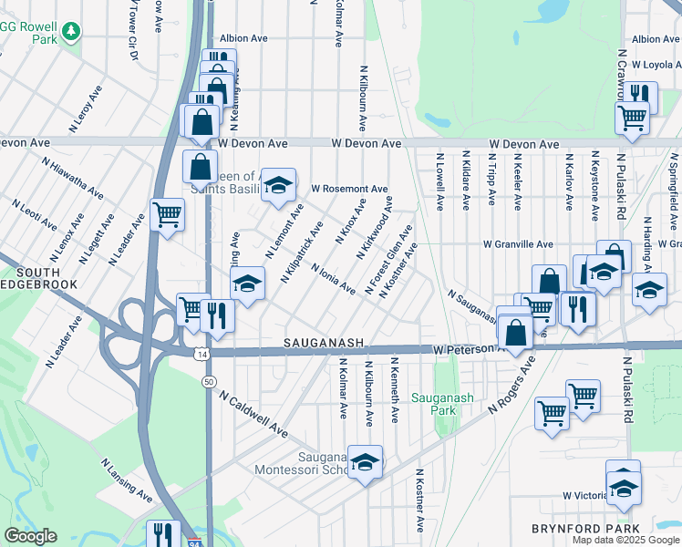 map of restaurants, bars, coffee shops, grocery stores, and more near 6157 North Knox Avenue in Chicago