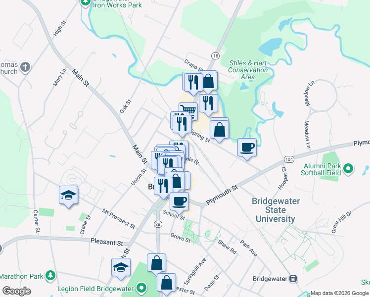 map of restaurants, bars, coffee shops, grocery stores, and more near 97 Broad Street in Bridgewater