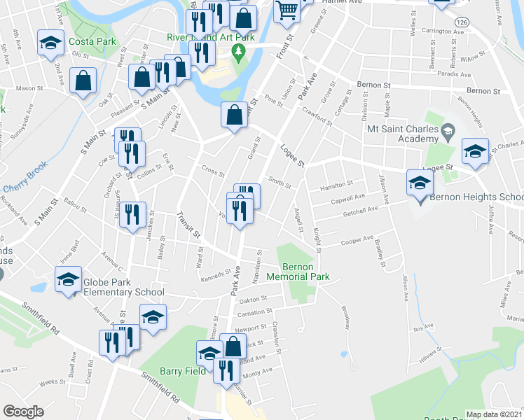 map of restaurants, bars, coffee shops, grocery stores, and more near 25 Blakeley Street in Woonsocket
