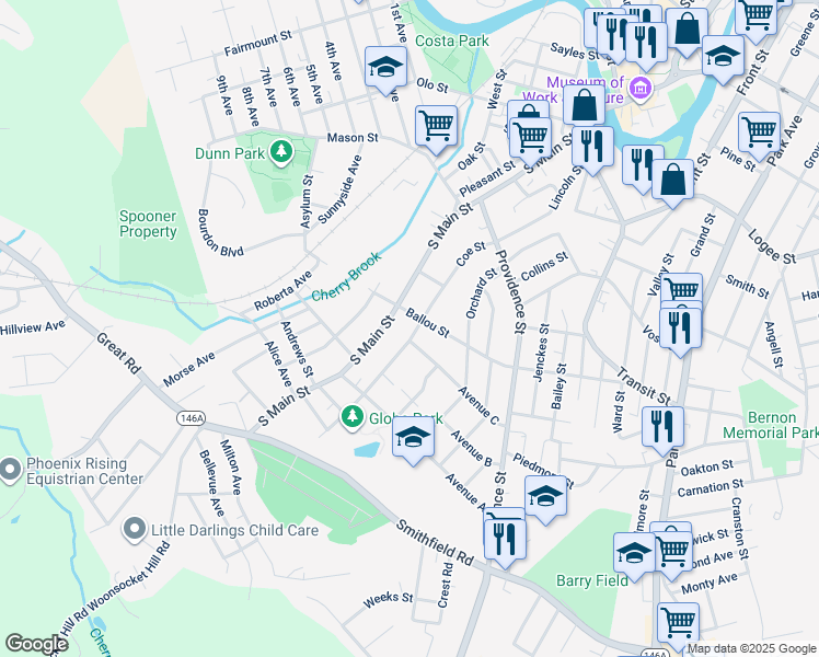 map of restaurants, bars, coffee shops, grocery stores, and more near 498 South Main Street in Woonsocket