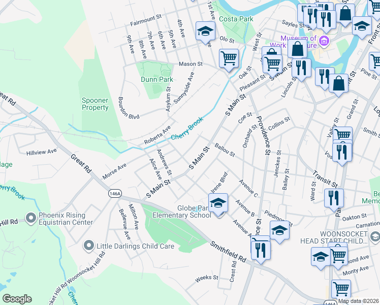 map of restaurants, bars, coffee shops, grocery stores, and more near 521 South Main Street in Woonsocket