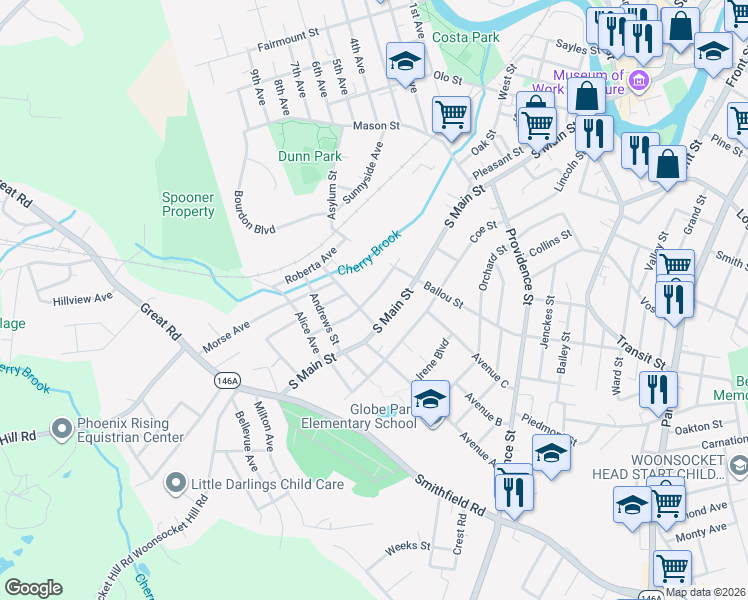 map of restaurants, bars, coffee shops, grocery stores, and more near 521 South Main Street in Woonsocket