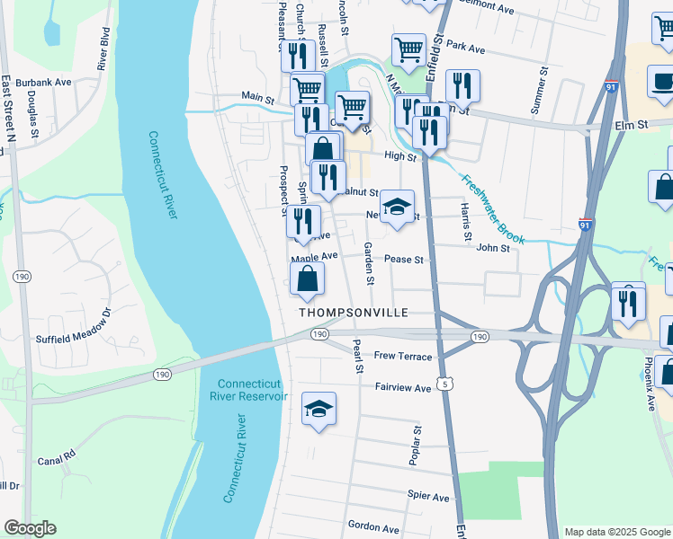 map of restaurants, bars, coffee shops, grocery stores, and more near 146 Pearl Street in Enfield