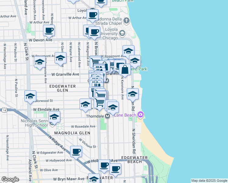 map of restaurants, bars, coffee shops, grocery stores, and more near 6102 North Winthrop Avenue in Chicago