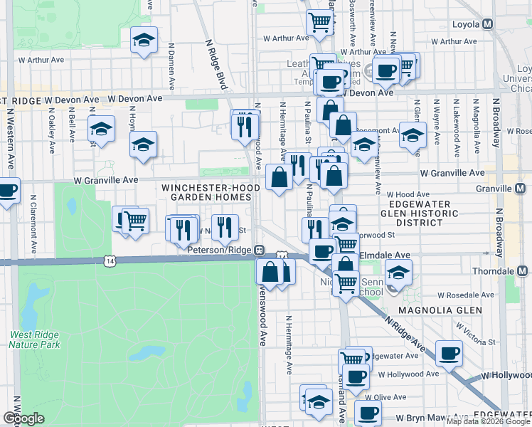 map of restaurants, bars, coffee shops, grocery stores, and more near 1778 West Peterson Avenue in Chicago