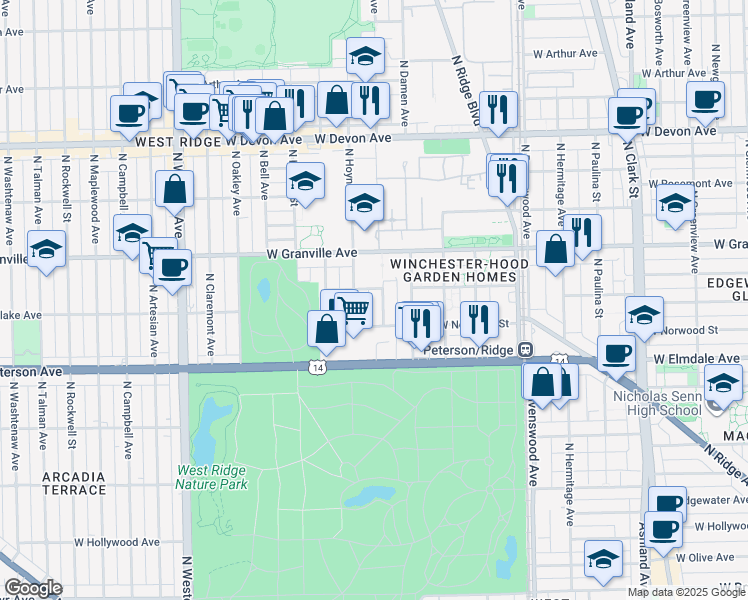 map of restaurants, bars, coffee shops, grocery stores, and more near 6117 North Seeley Avenue in Chicago