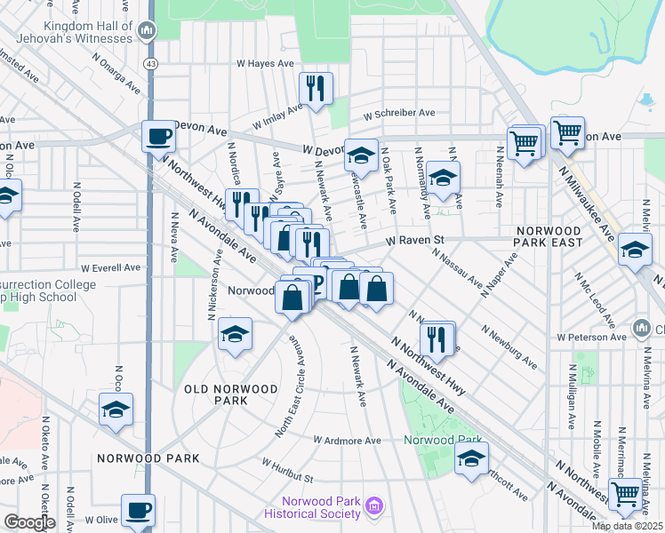 map of restaurants, bars, coffee shops, grocery stores, and more near 6815 West Raven Street in Chicago