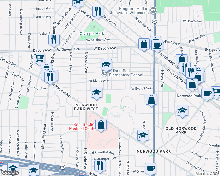 map of restaurants, bars, coffee shops, grocery stores, and more near 7424 West Everell Avenue in Chicago