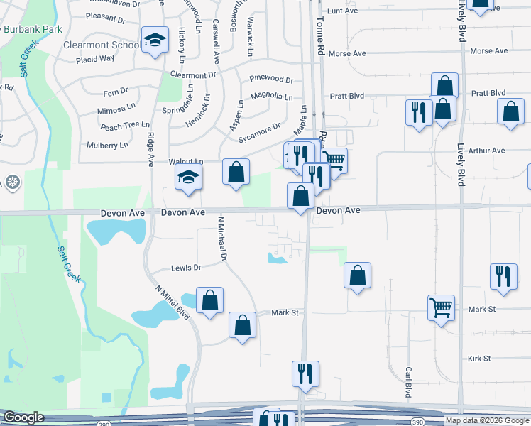 map of restaurants, bars, coffee shops, grocery stores, and more near 1437 Bristol Lane in Wood Dale
