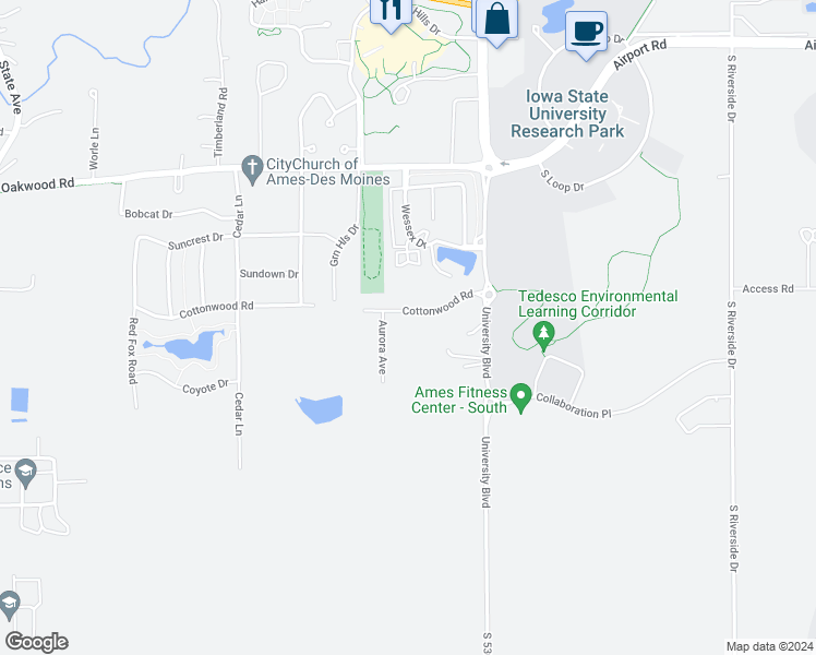 map of restaurants, bars, coffee shops, grocery stores, and more near 2036 Cottonwood Road in Ames