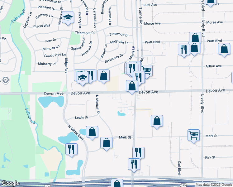 map of restaurants, bars, coffee shops, grocery stores, and more near 1532 Bristol Lane in Wood Dale