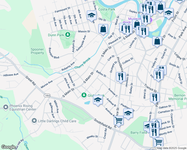 map of restaurants, bars, coffee shops, grocery stores, and more near 498 South Main Street in Woonsocket
