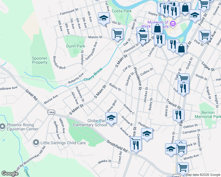 map of restaurants, bars, coffee shops, grocery stores, and more near 498 South Main Street in Woonsocket