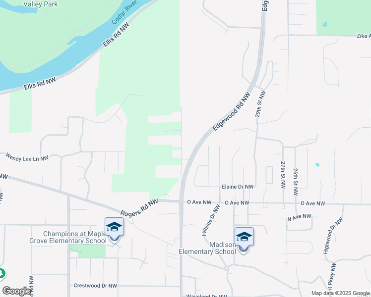map of restaurants, bars, coffee shops, grocery stores, and more near 1700 Edgewood Drive Northwest in Cedar Rapids
