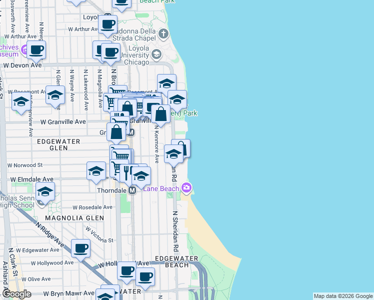 map of restaurants, bars, coffee shops, grocery stores, and more near 6101E North Sheridan Road in Chicago