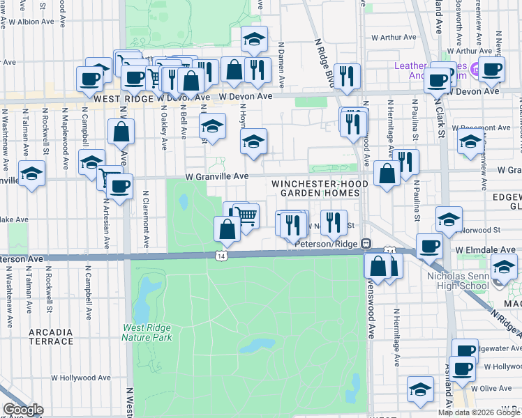 map of restaurants, bars, coffee shops, grocery stores, and more near 6117 North Seeley Avenue in Chicago