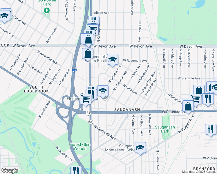map of restaurants, bars, coffee shops, grocery stores, and more near 6161 North Lemont Avenue in Chicago