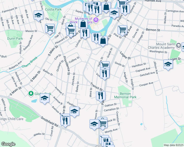 map of restaurants, bars, coffee shops, grocery stores, and more near 117 Ward Street in Woonsocket