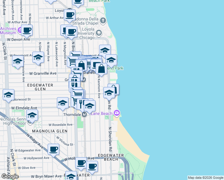 map of restaurants, bars, coffee shops, grocery stores, and more near 6101 North Sheridan Road in Chicago