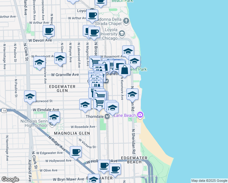 map of restaurants, bars, coffee shops, grocery stores, and more near 6102 North Winthrop Avenue in Chicago