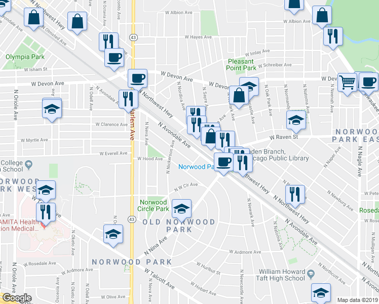map of restaurants, bars, coffee shops, grocery stores, and more near 6116 North Avondale Avenue in Chicago