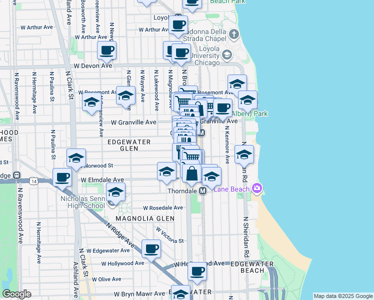 map of restaurants, bars, coffee shops, grocery stores, and more near North Broadway & West Glenlake Avenue in Chicago