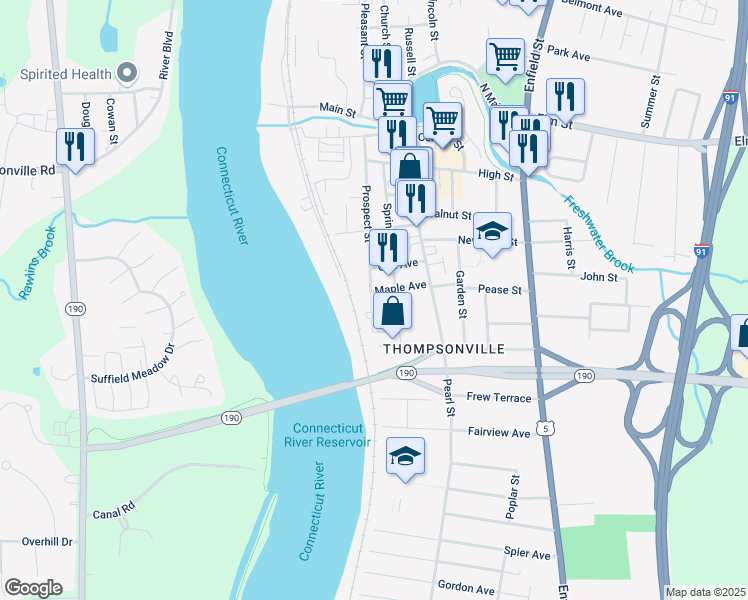 map of restaurants, bars, coffee shops, grocery stores, and more near 107 Prospect Street in Enfield