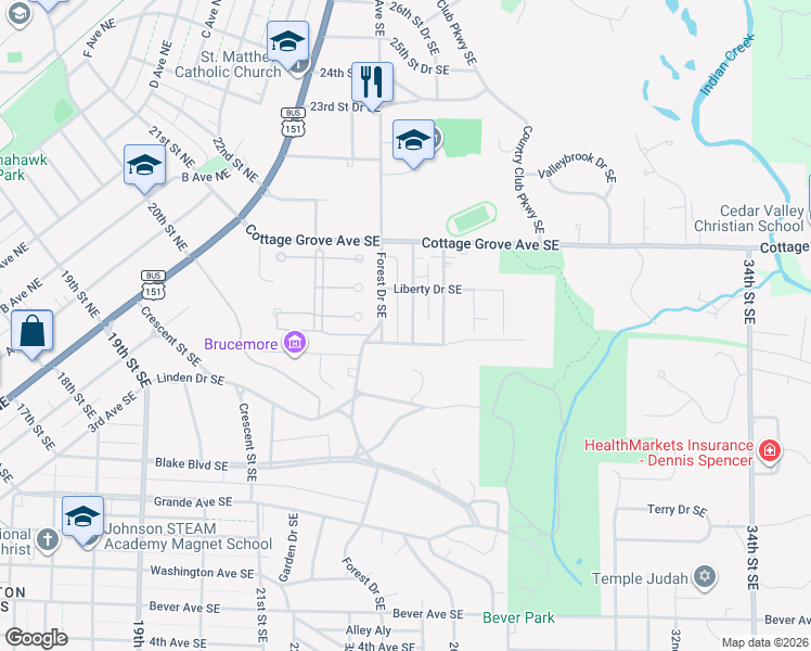 map of restaurants, bars, coffee shops, grocery stores, and more near 2001-2011 Linn Boulevard Southeast in Cedar Rapids