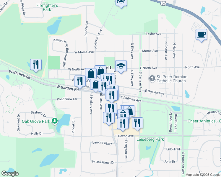 map of restaurants, bars, coffee shops, grocery stores, and more near 112 West Bartlett Avenue in Bartlett