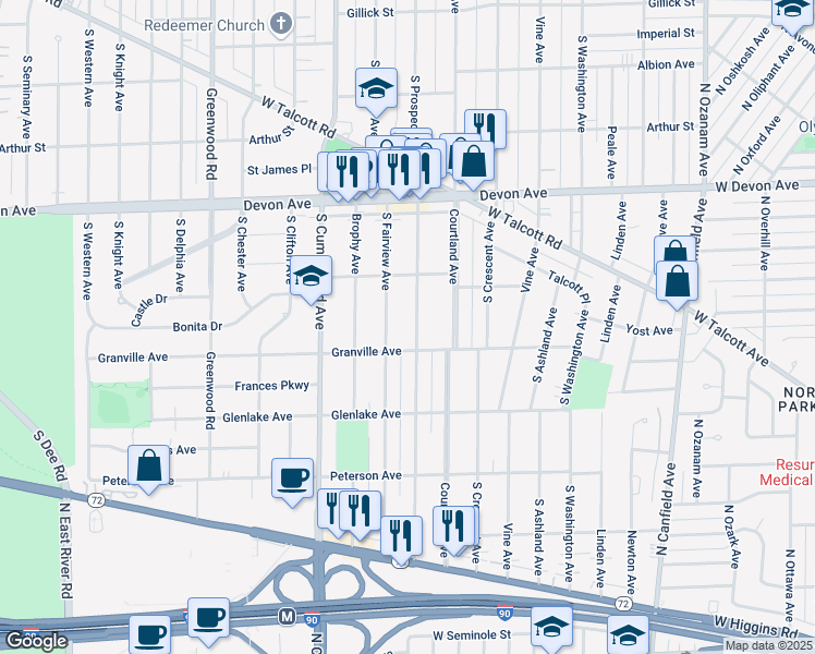 map of restaurants, bars, coffee shops, grocery stores, and more near 1431 South Prospect Avenue in Park Ridge