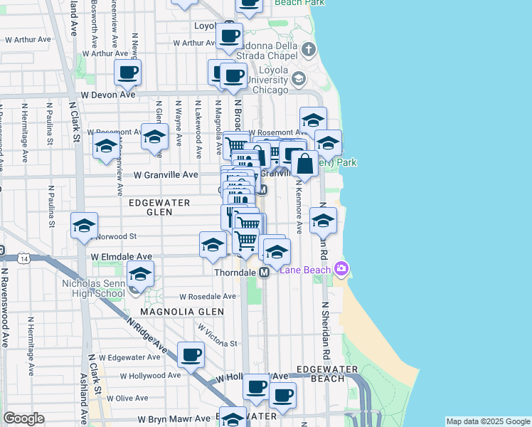 map of restaurants, bars, coffee shops, grocery stores, and more near 6102 North Winthrop Avenue in Chicago