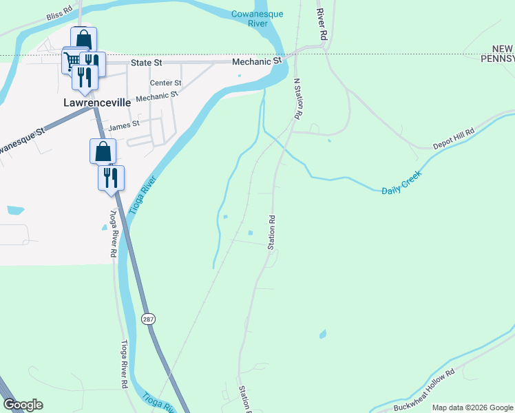 map of restaurants, bars, coffee shops, grocery stores, and more near Station Road in Lawrenceville