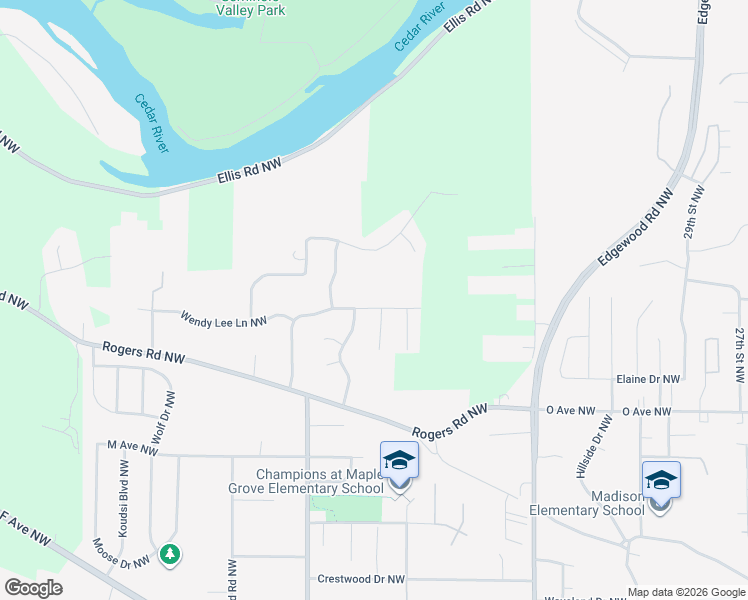 map of restaurants, bars, coffee shops, grocery stores, and more near 3916 Richland Drive Northwest in Cedar Rapids