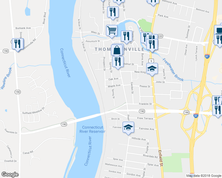 map of restaurants, bars, coffee shops, grocery stores, and more near 120 Spring Street in Enfield