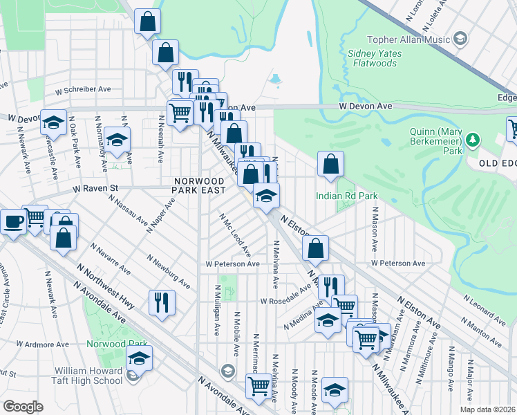 map of restaurants, bars, coffee shops, grocery stores, and more near 6255 West Hyacinth Street in Chicago