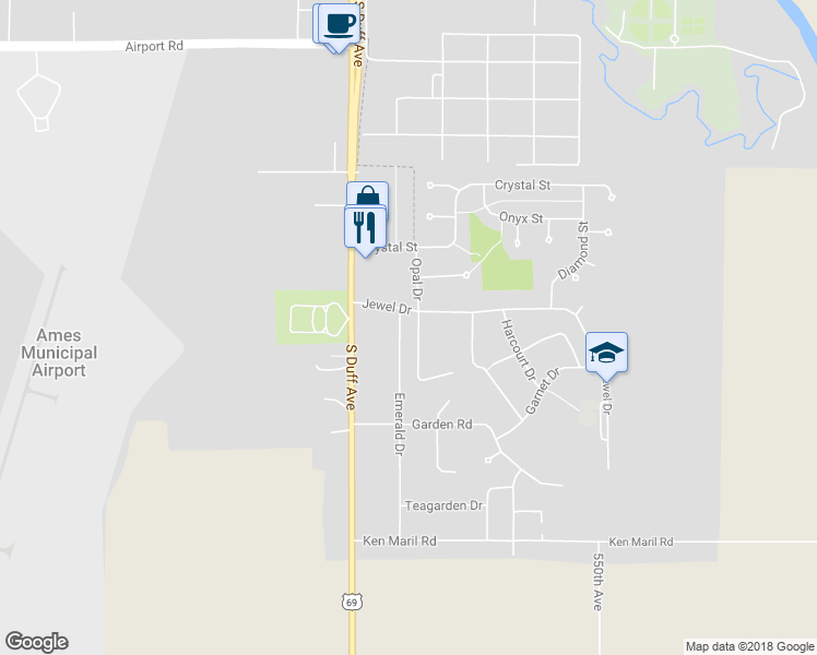 map of restaurants, bars, coffee shops, grocery stores, and more near 3310 Emerald Drive in Ames